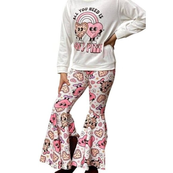 All You Need Is Love & Pizza Kids long sleeve &amp; Bell Bottom Pants Set 5/6 - Picture 1 of 3